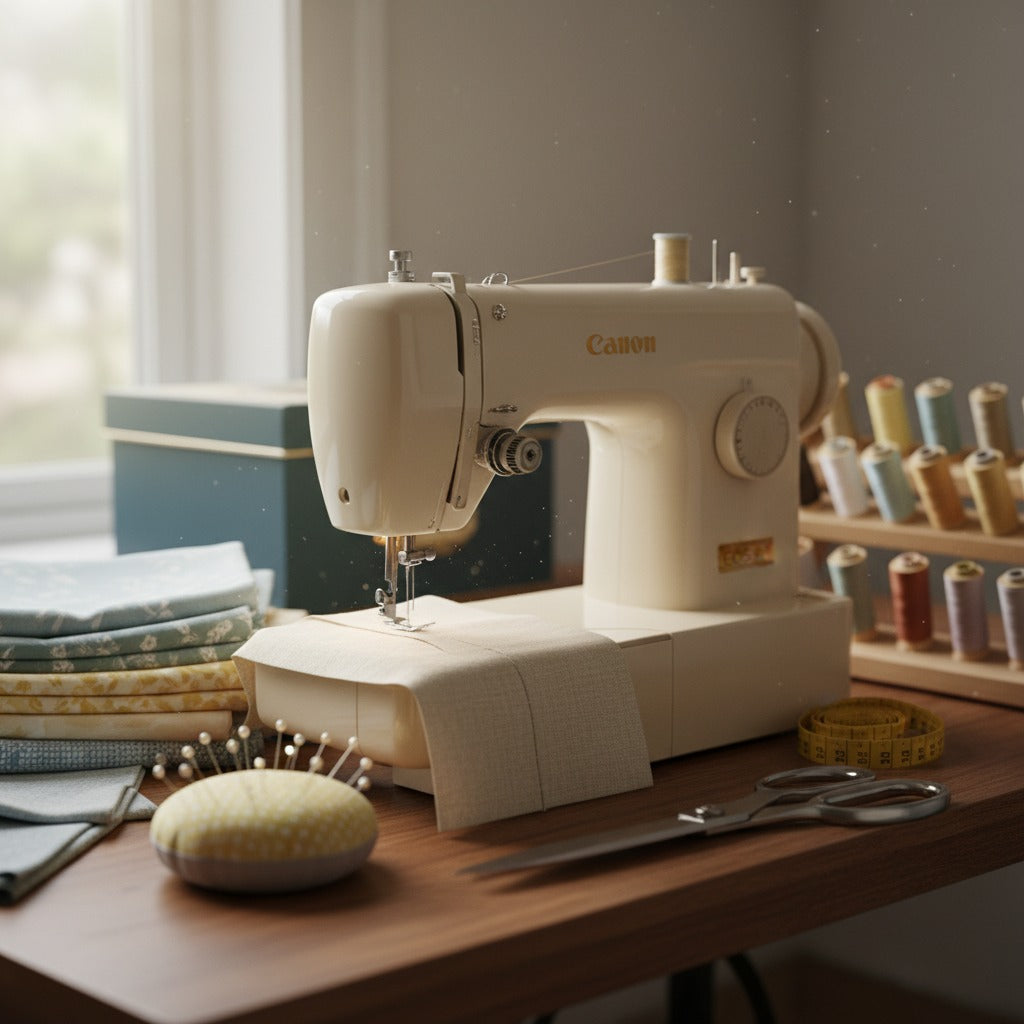 Canon sewing machine on a wooden table with spools of thread and fabric in the background.