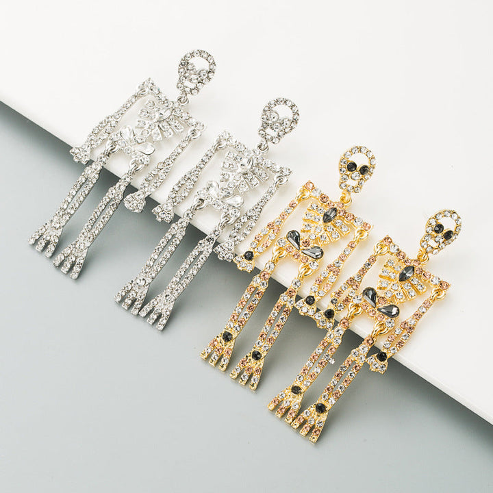 European and American style skull skeleton alloy inlaid rhinestone earrings female personality long exaggerated earrings earrings