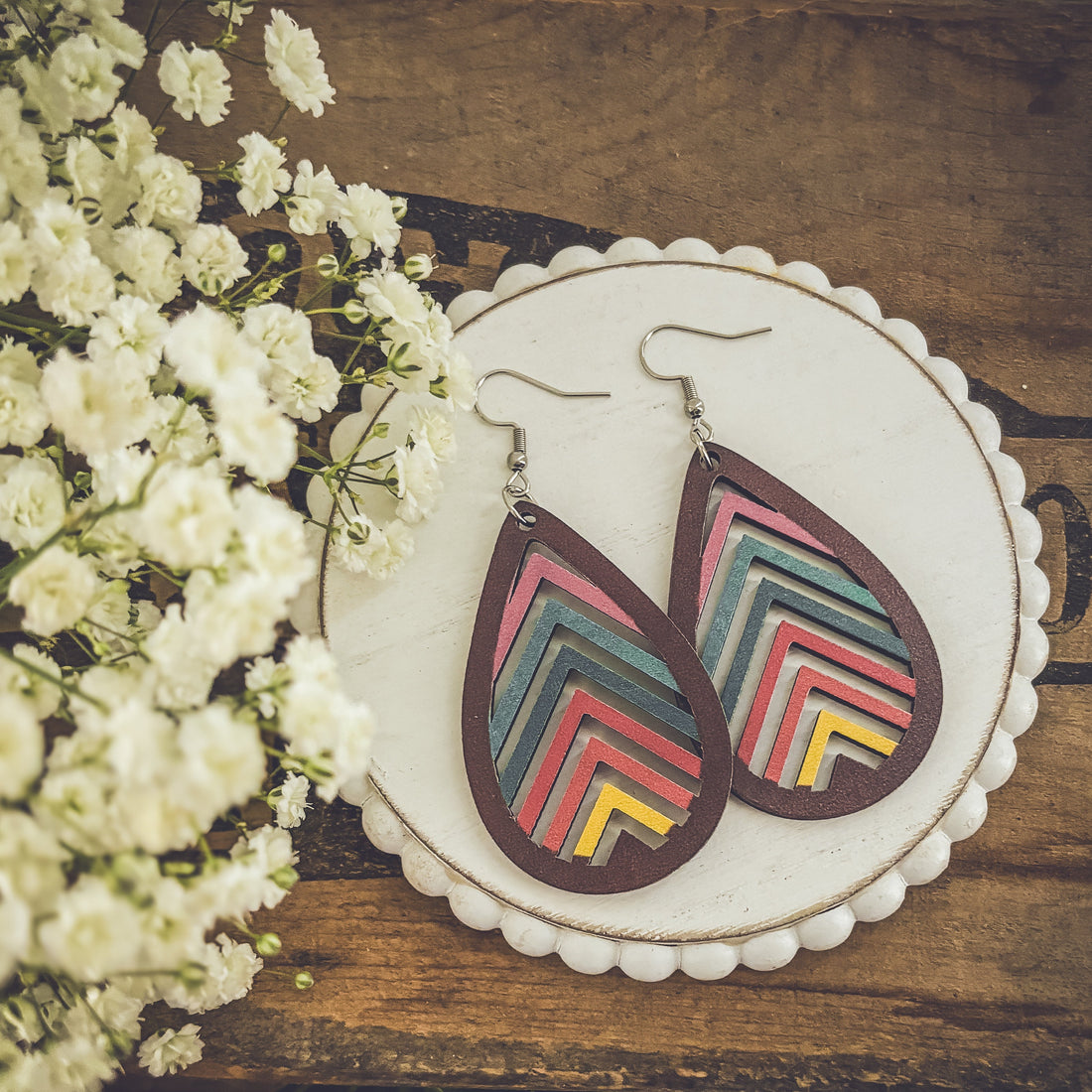 Laser-Cut Rainbow Mountain Silhouette Wood Earrings