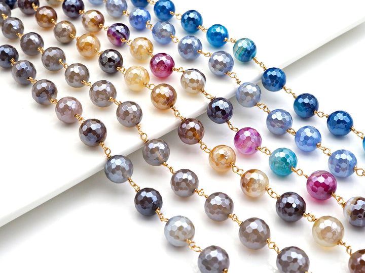 Mystic Agate Brown/Blue/Grey Rosary Chain, 10mm Agate Beaded Chain, Wire Wrapped Gold Chain,Sku#V74