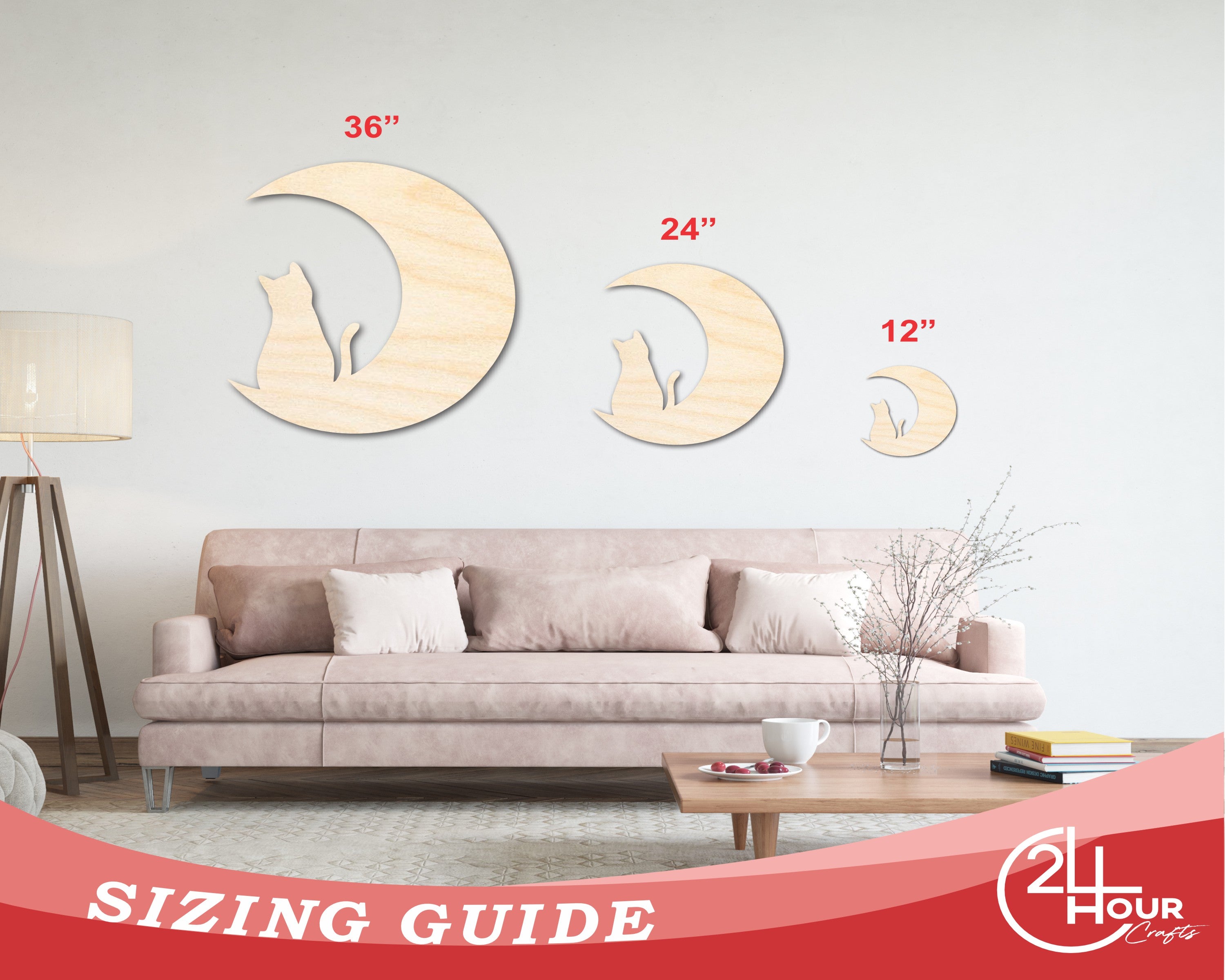 Unfinished Wood Cat and Moon Silhouette Shape - Craft - up to 46"