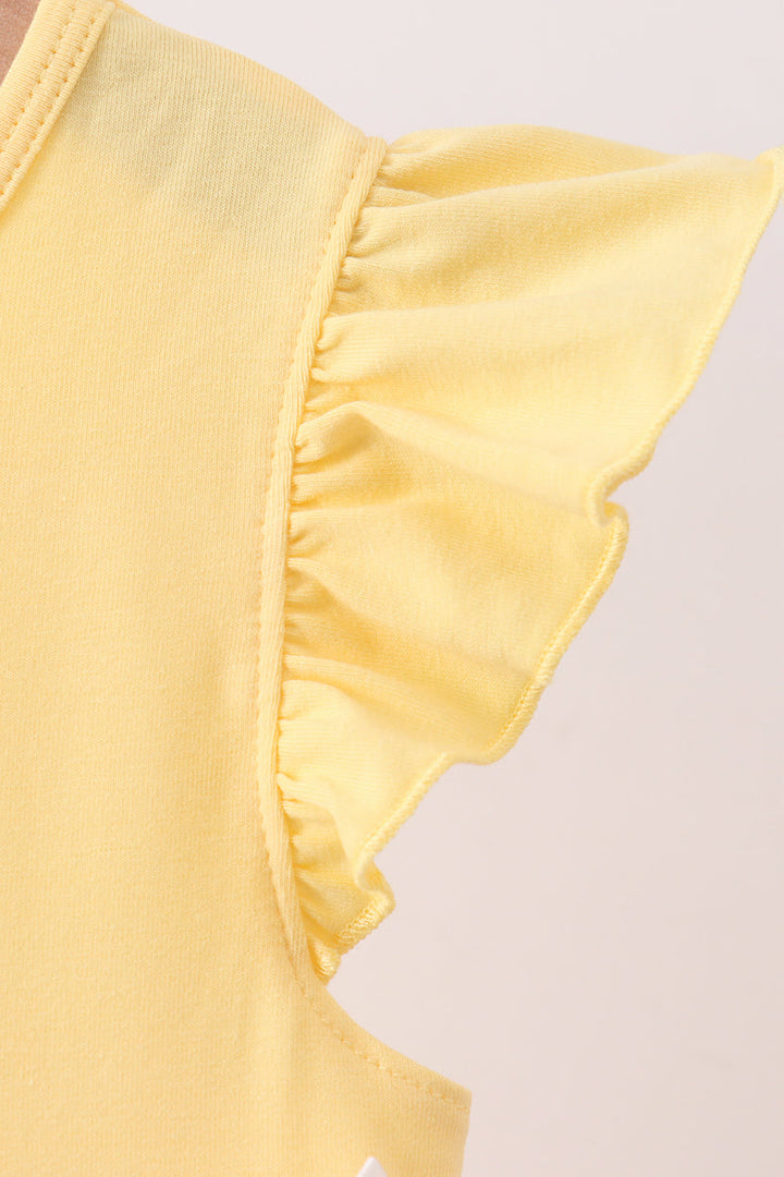Mustard character embroidery ruffle dress