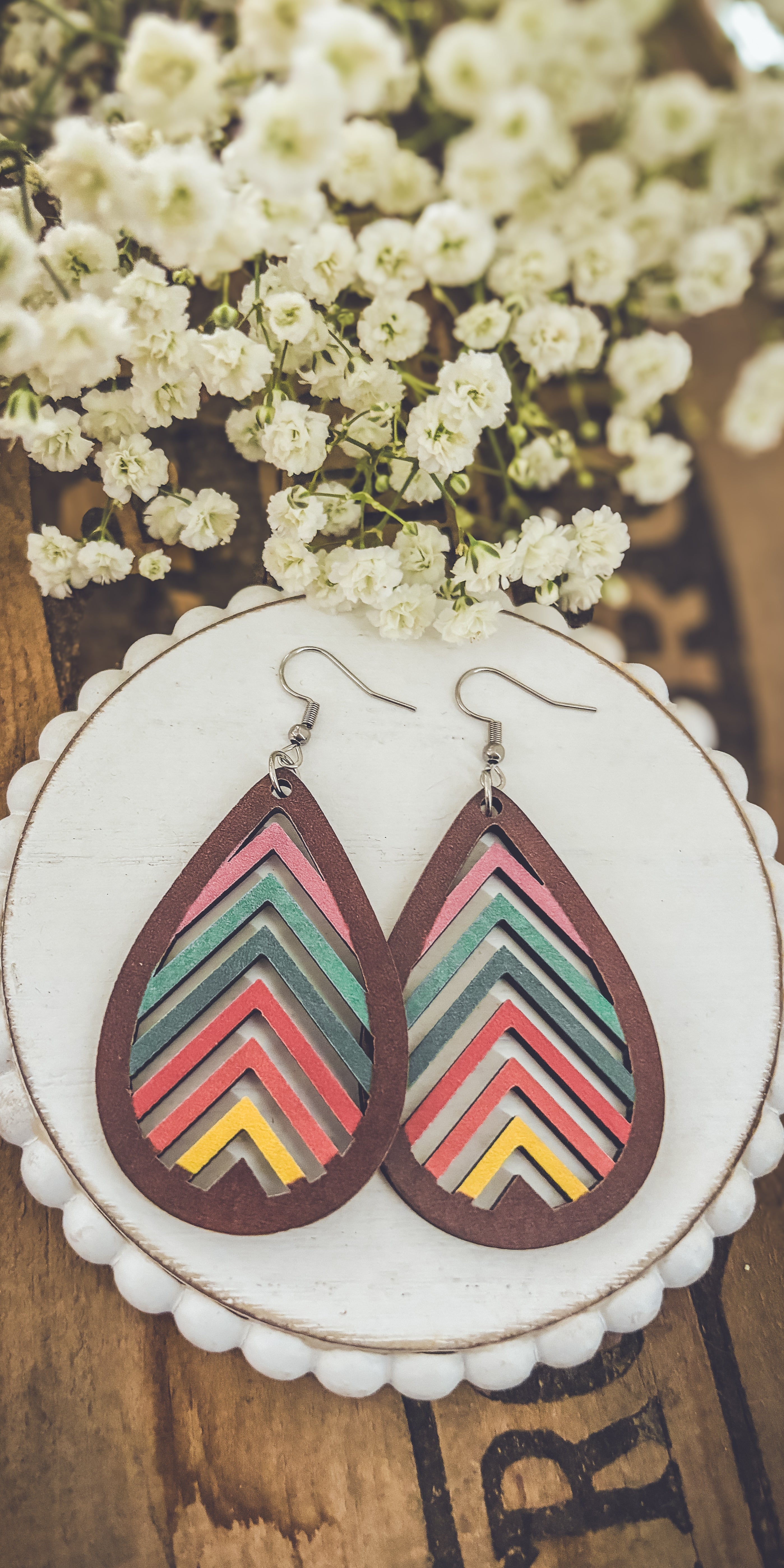 Laser-Cut Rainbow Mountain Silhouette Wood Earrings