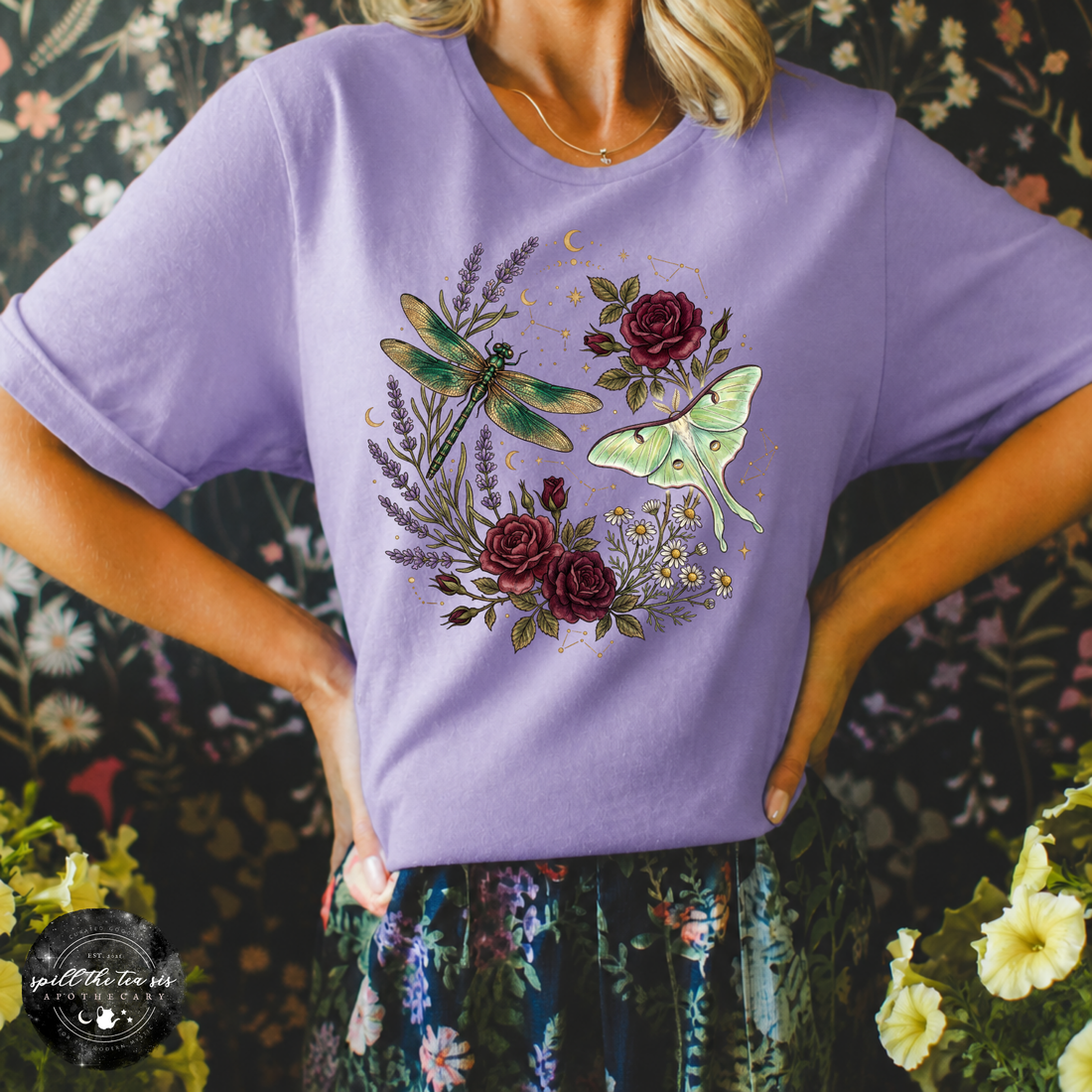 Dragonfly & Moth Rose Tee | Botanical Nature Graphic T-Shirt