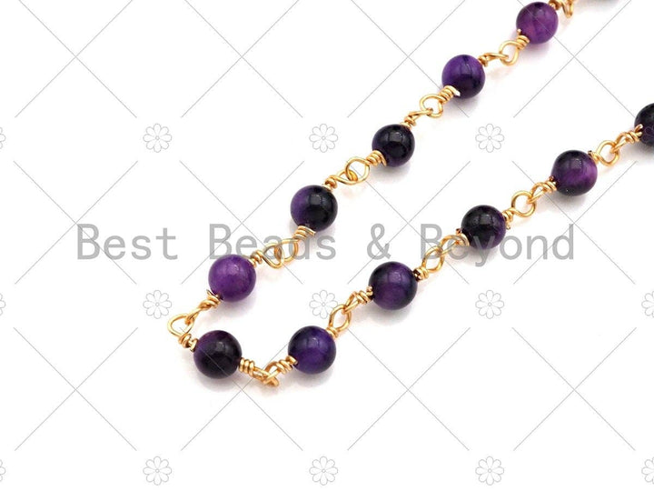 Multicolor/Blue/Green/Purple High Quality Tiger Eye Rosary Chain, 4mm Beaded Chain, Wire Wrapped Gold Chain,Sku#V76