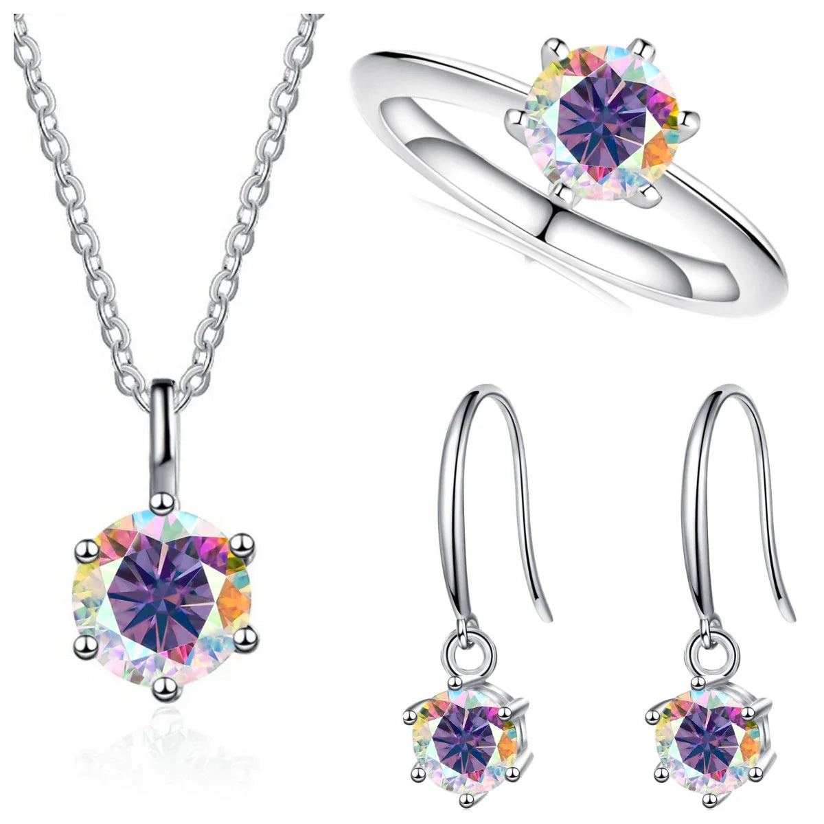 2.5ct Solitaire Moissanite 925 Sterling Silver Necklace Earrings Ring Set