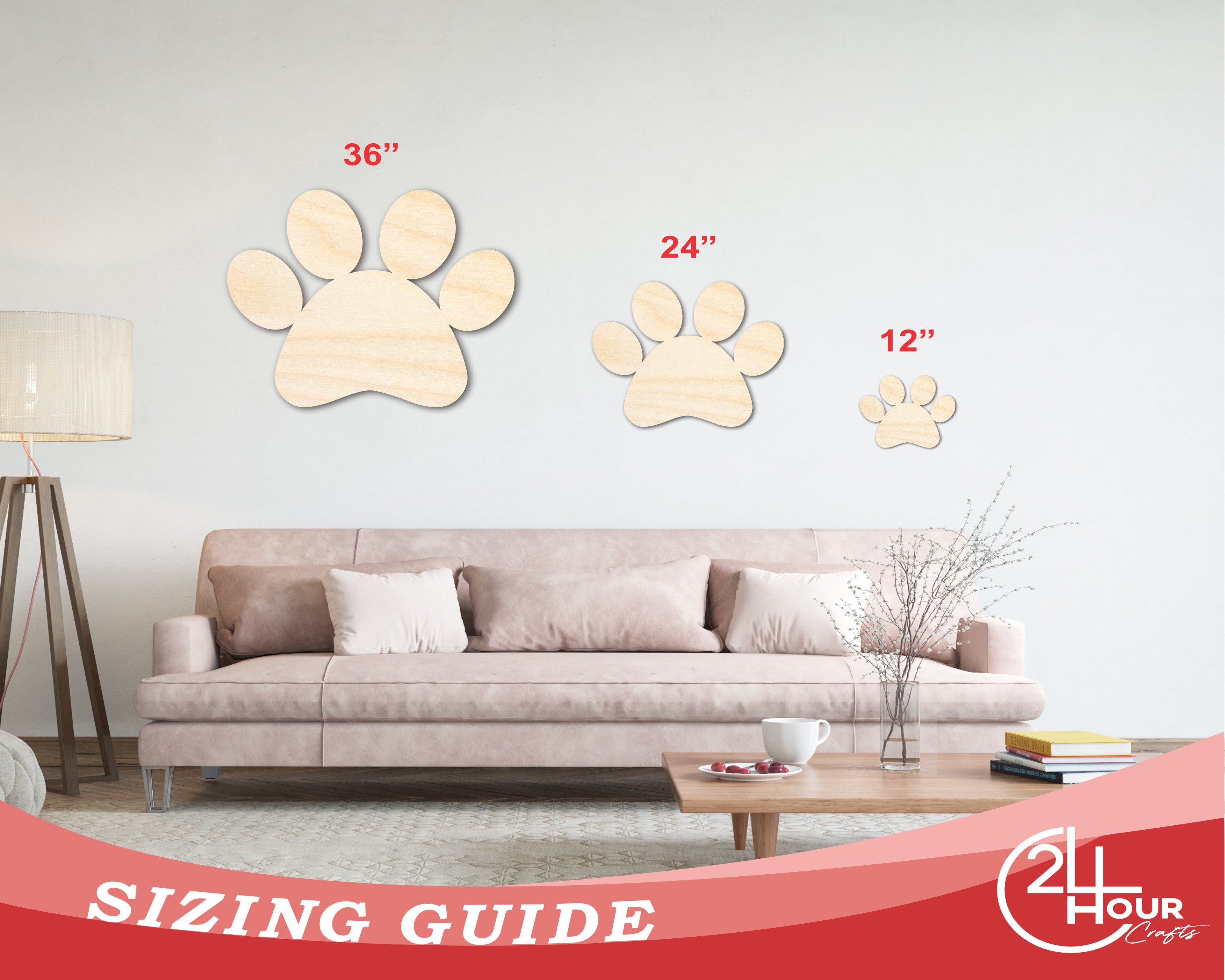 Unfinished Wood Paw Print Shape - Pet Craft - up to 46"