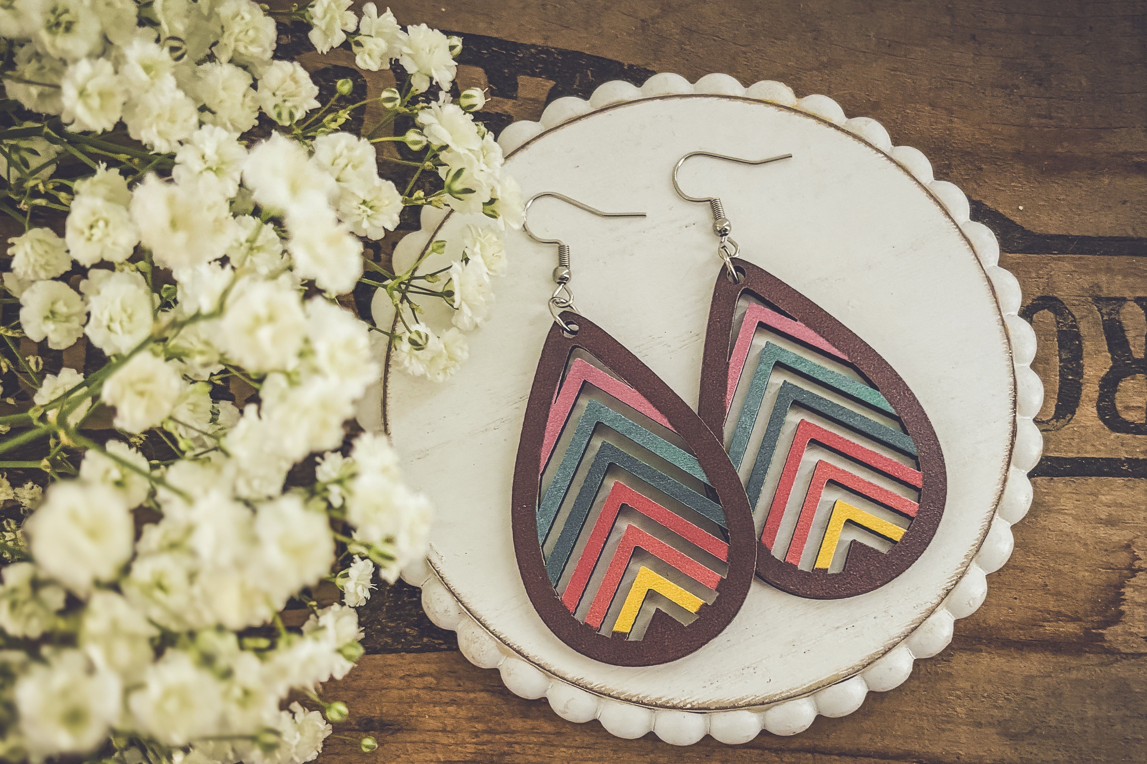 Laser-Cut Rainbow Mountain Silhouette Wood Earrings