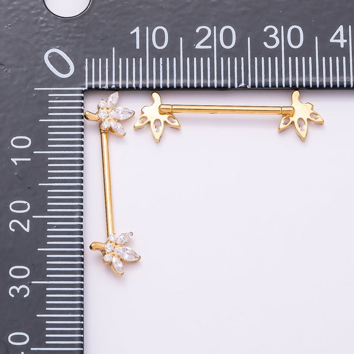 24K Gold Filled Clear CZ Marquise Flower Nipple Barbell Piercing Body Jewelry in Gold & Silver | Findings-00264 Findings-00265