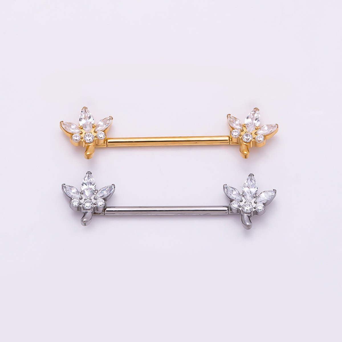 24K Gold Filled Clear CZ Marquise Flower Nipple Barbell Piercing Body Jewelry in Gold & Silver | Findings-00264 Findings-00265