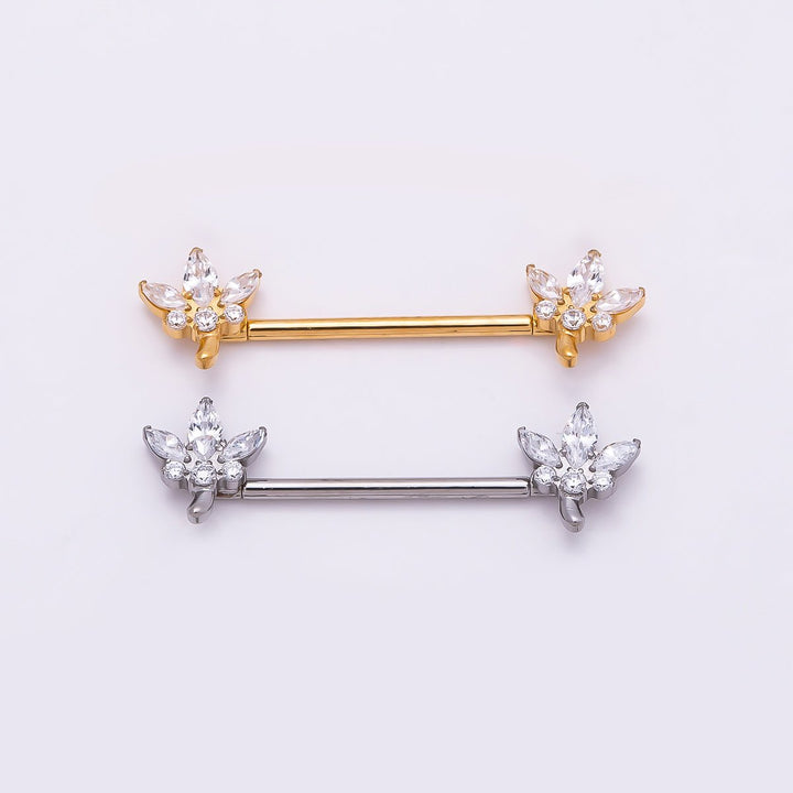 24K Gold Filled Clear CZ Marquise Flower Nipple Barbell Piercing Body Jewelry in Gold & Silver | Findings-00264 Findings-00265