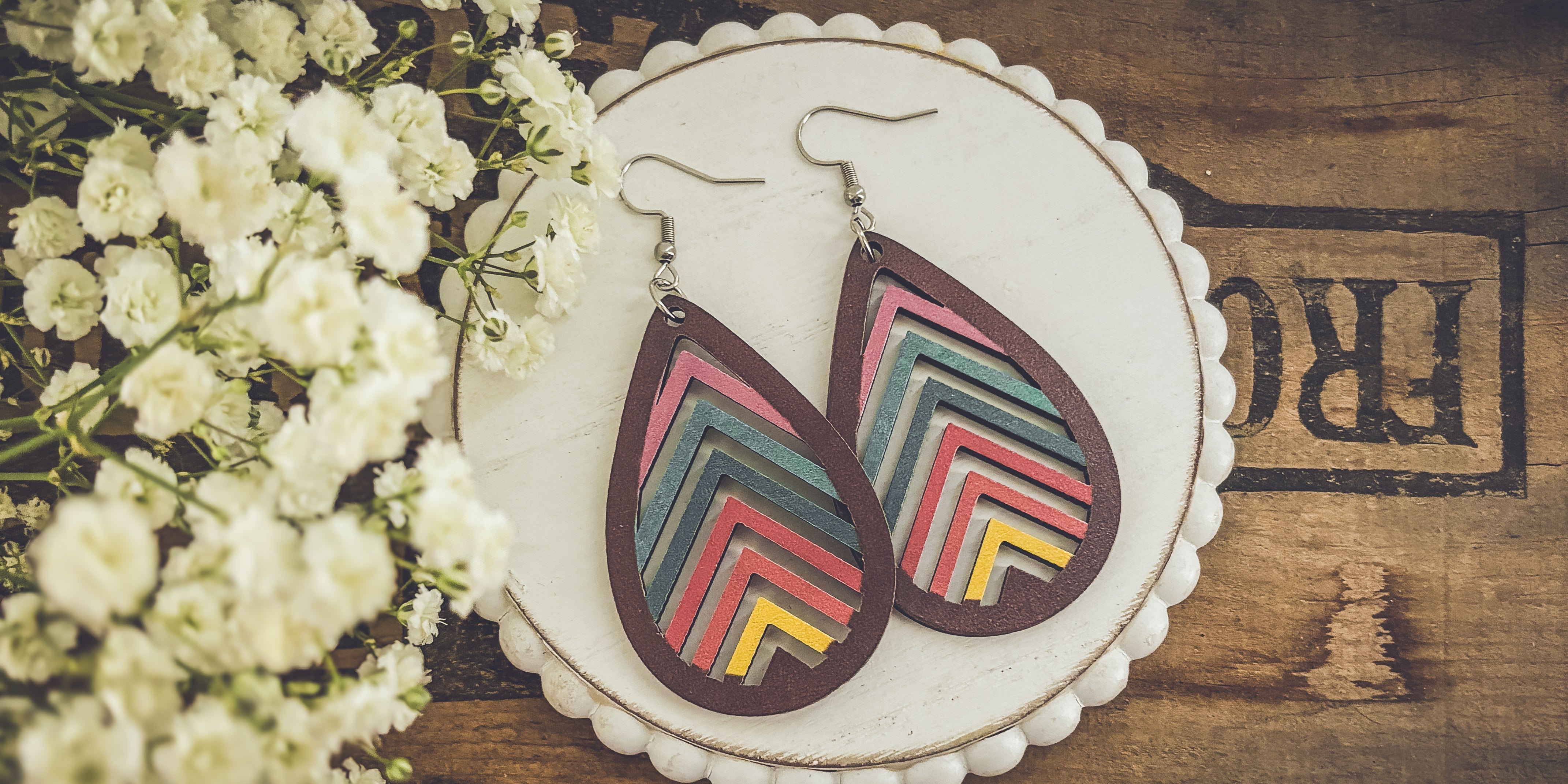 Laser-Cut Rainbow Mountain Silhouette Wood Earrings