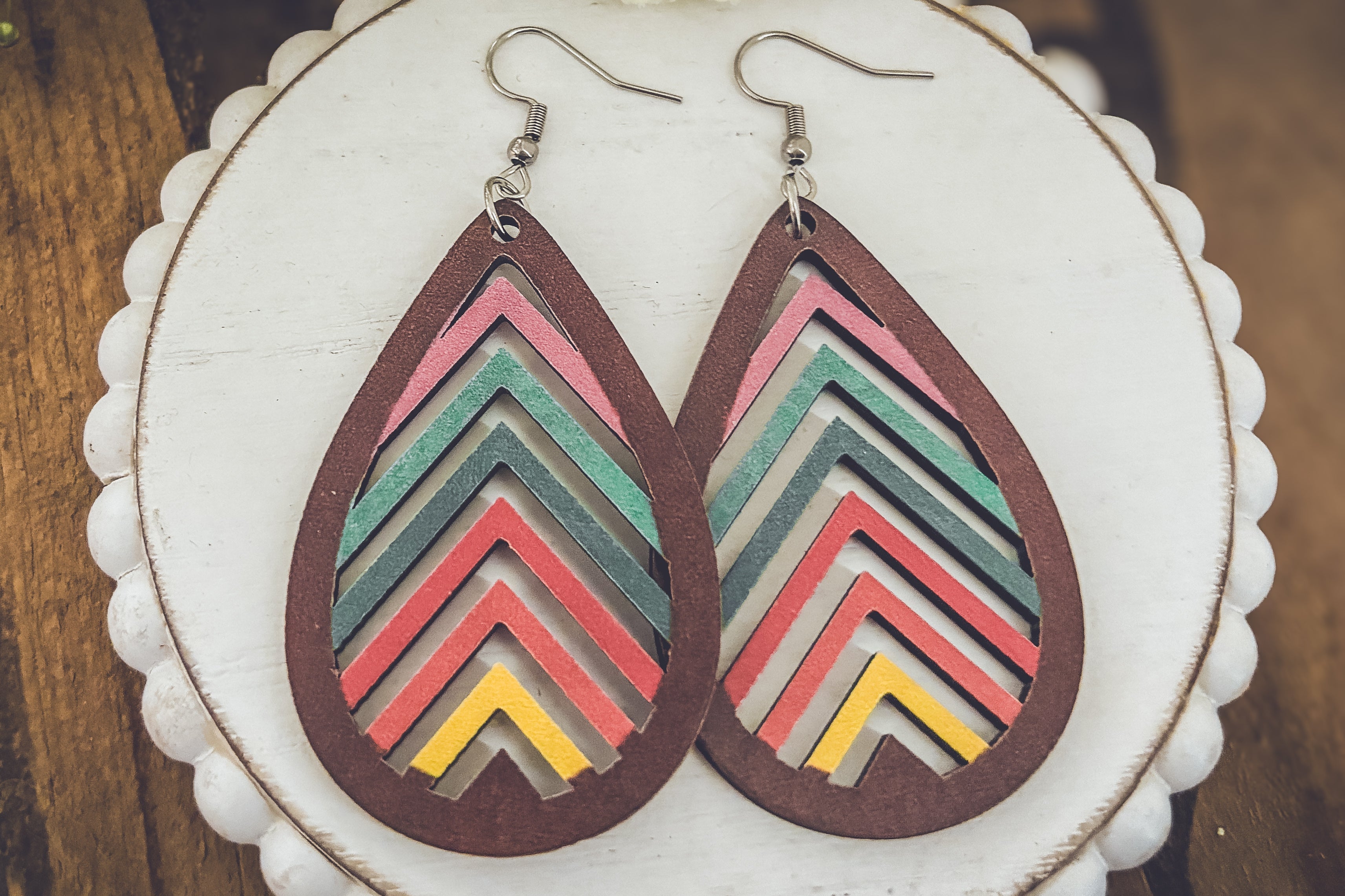 Laser-Cut Rainbow Mountain Silhouette Wood Earrings