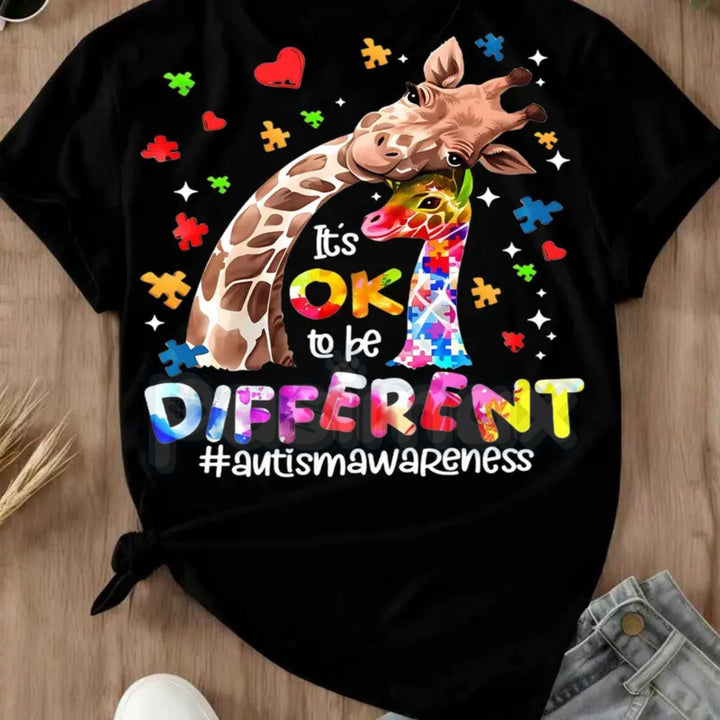 " Hearts & PDifferent is Beautiful" Artistic Giraffe T-Shirt – Autism Awarenessuzzle Print, Premium 100% Cotton Neurodiversity Top, Soft Lived-In Heavyweight Women's Advocacy Wear, Made in USA