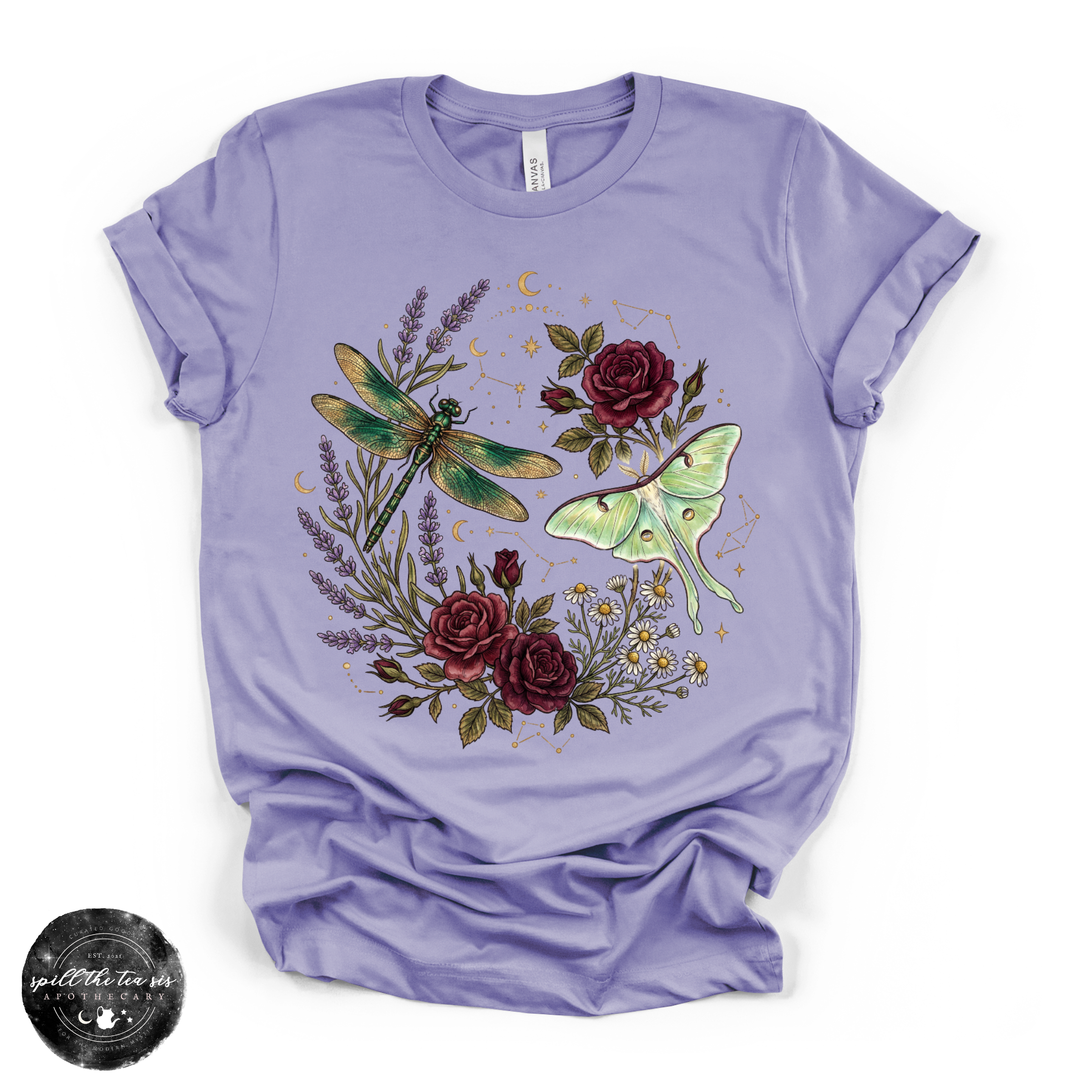 Dragonfly & Moth Rose Tee | Botanical Nature Graphic T-Shirt