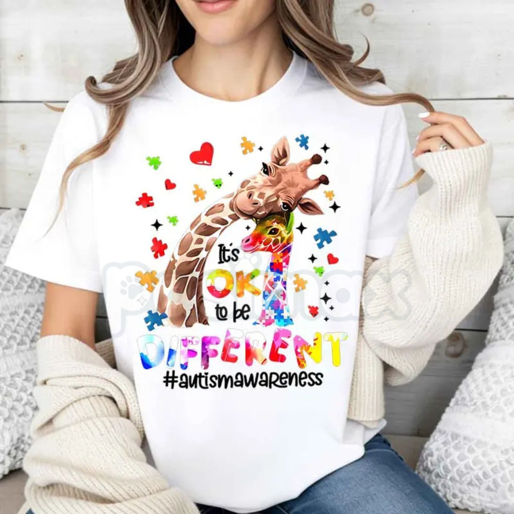 " Hearts & PDifferent is Beautiful" Artistic Giraffe T-Shirt – Autism Awarenessuzzle Print, Premium 100% Cotton Neurodiversity Top, Soft Lived-In Heavyweight Women's Advocacy Wear, Made in USA