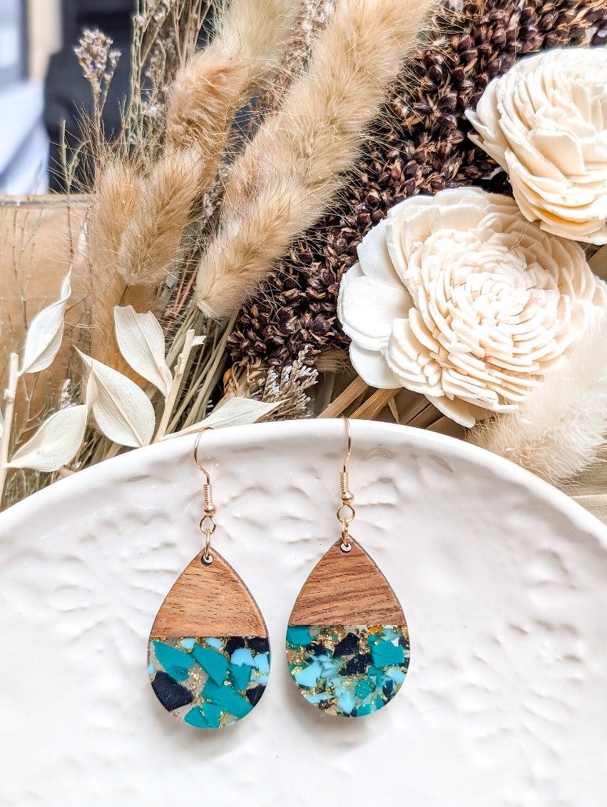 Mint & Black Wood Resin Earrings