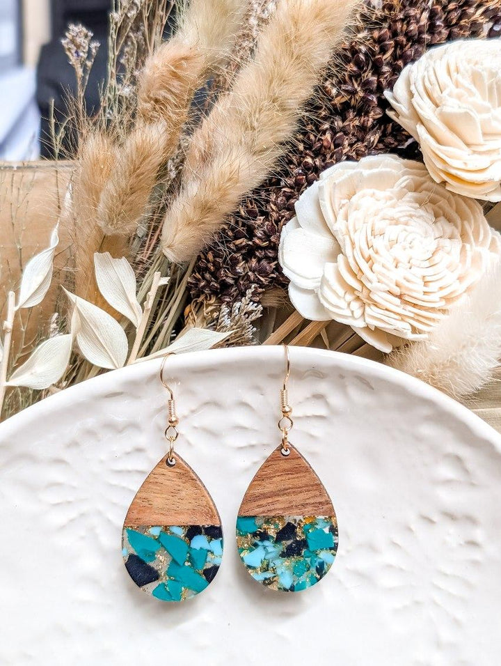 Mint & Black Wood Resin Earrings