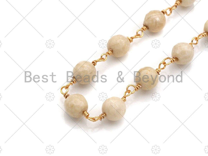 Natural Coral Rosary Chain, 6mm Whtie Coral Beaded Chain, Wire Wrapped Gold Chain, Necklace Bracelet Belly Glasses Wire Links Chain,Sku#V73
