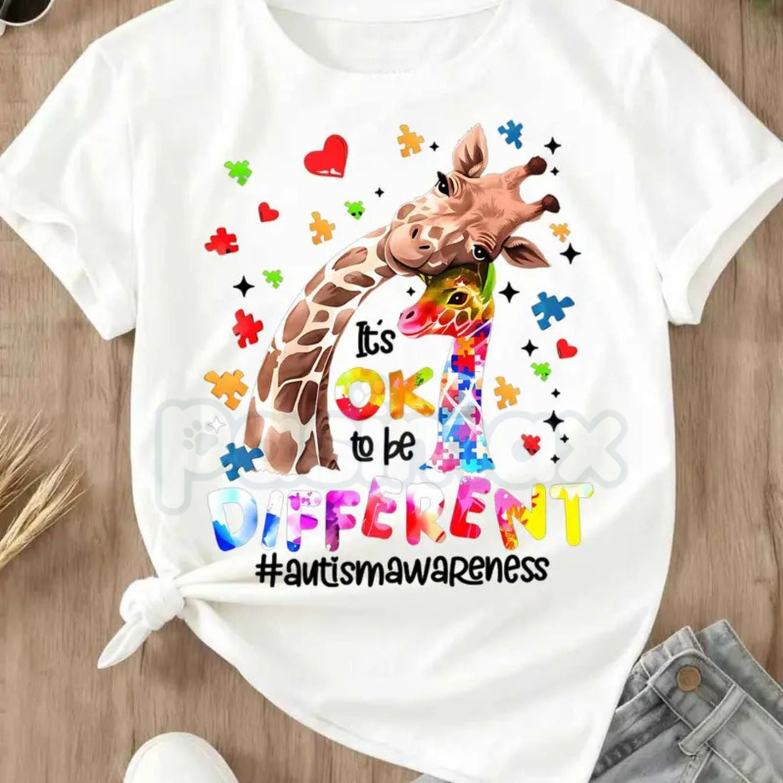 " Hearts & PDifferent is Beautiful" Artistic Giraffe T-Shirt – Autism Awarenessuzzle Print, Premium 100% Cotton Neurodiversity Top, Soft Lived-In Heavyweight Women's Advocacy Wear, Made in USA