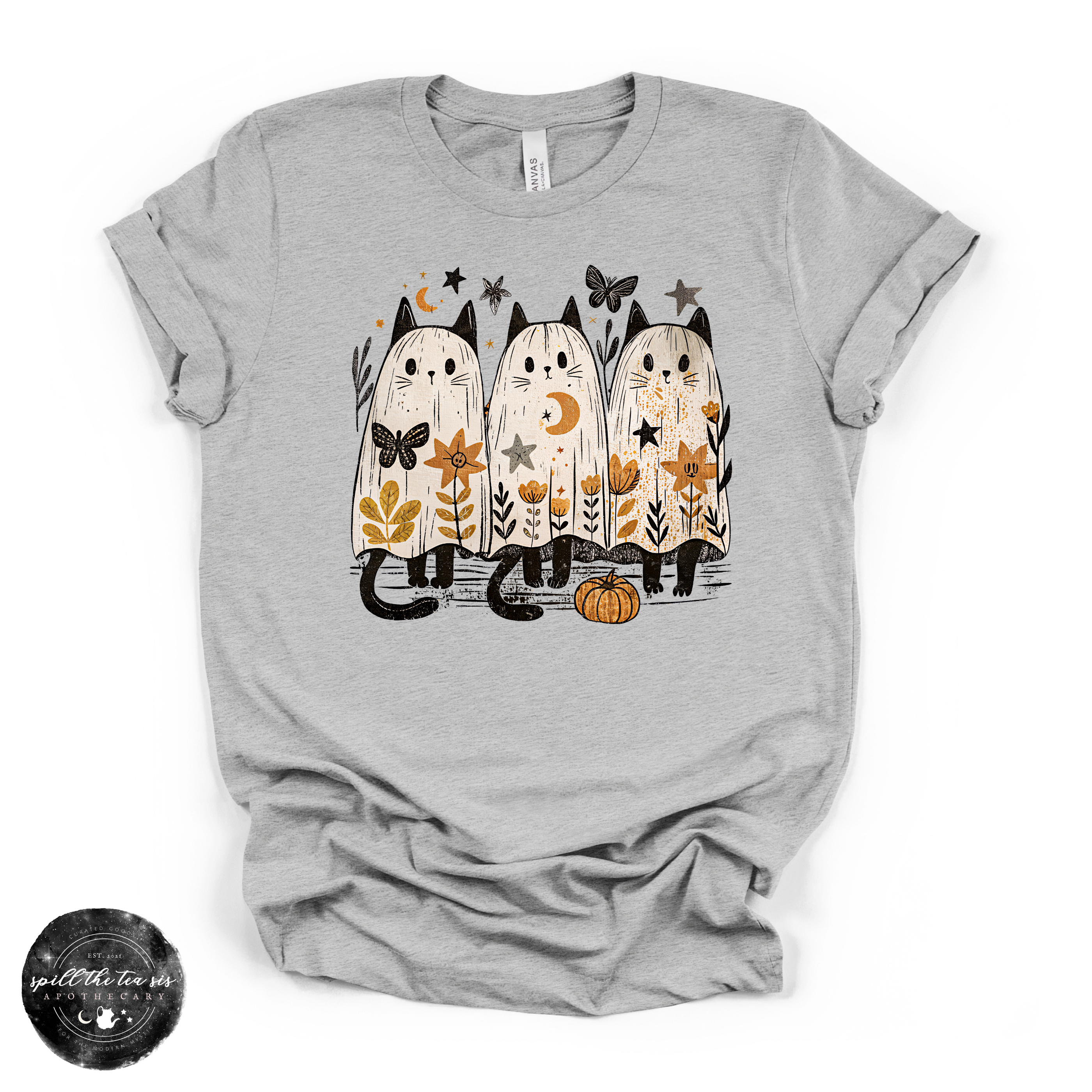 Ghost Cat Trio Tee | Cute Halloween Black Cat Graphic T-Shirt