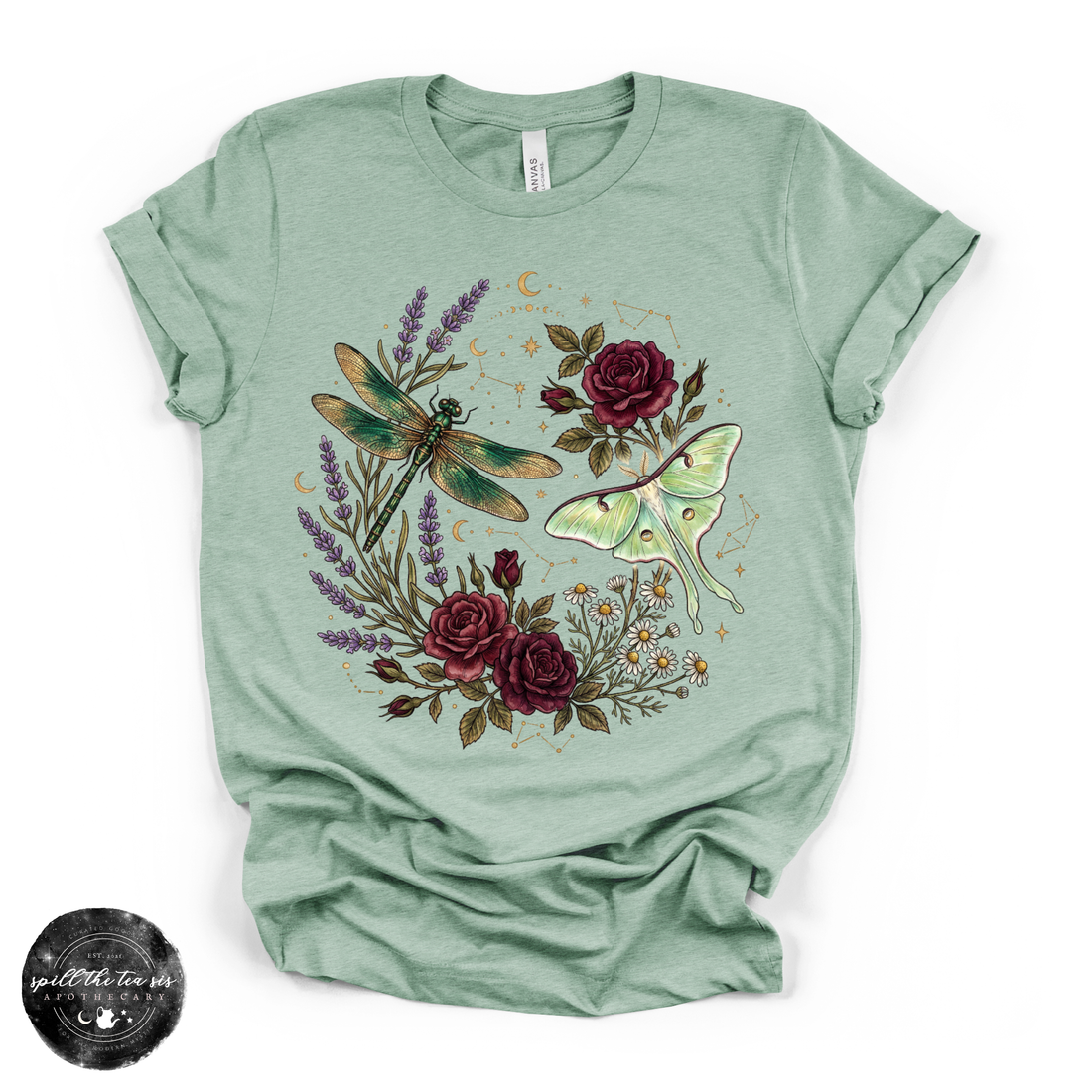 Dragonfly & Moth Rose Tee | Botanical Nature Graphic T-Shirt