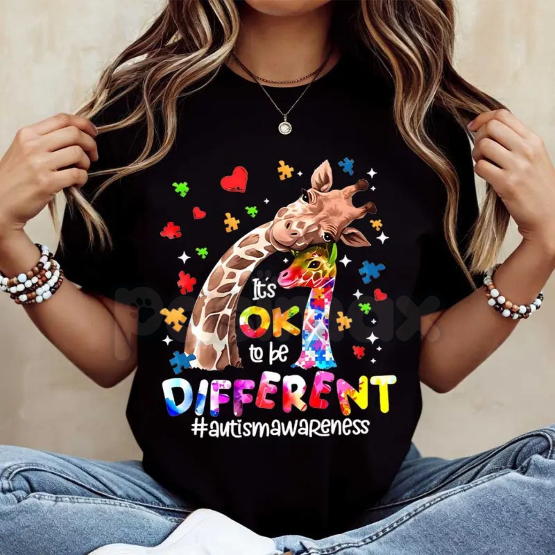 " Hearts & PDifferent is Beautiful" Artistic Giraffe T-Shirt – Autism Awarenessuzzle Print, Premium 100% Cotton Neurodiversity Top, Soft Lived-In Heavyweight Women's Advocacy Wear, Made in USA