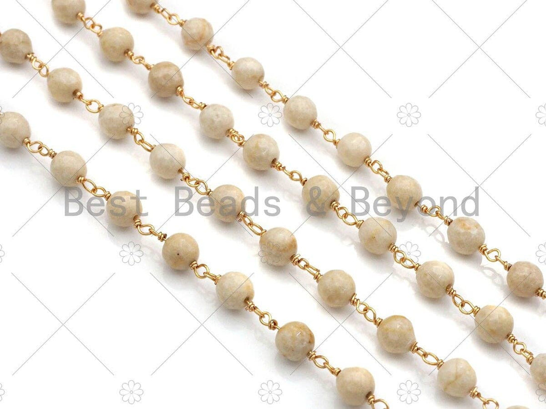 Natural Coral Rosary Chain, 6mm Whtie Coral Beaded Chain, Wire Wrapped Gold Chain, Necklace Bracelet Belly Glasses Wire Links Chain,Sku#V73