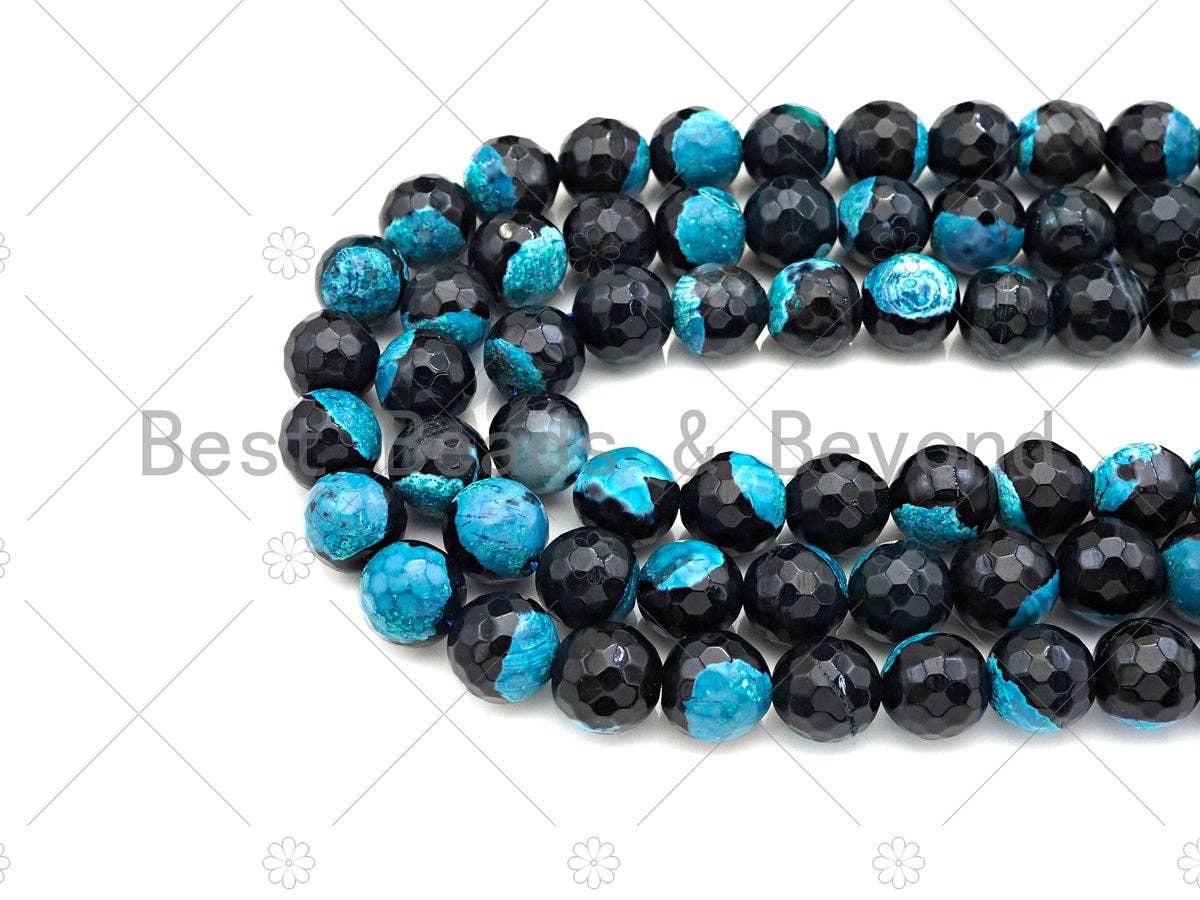 Natural Blue Fire Agate Round Faceted Beads, 8mm/10mm/12mm Blue Black Fire Agate, Natural Agate, 15.5" Full Strand, Sku#U1061