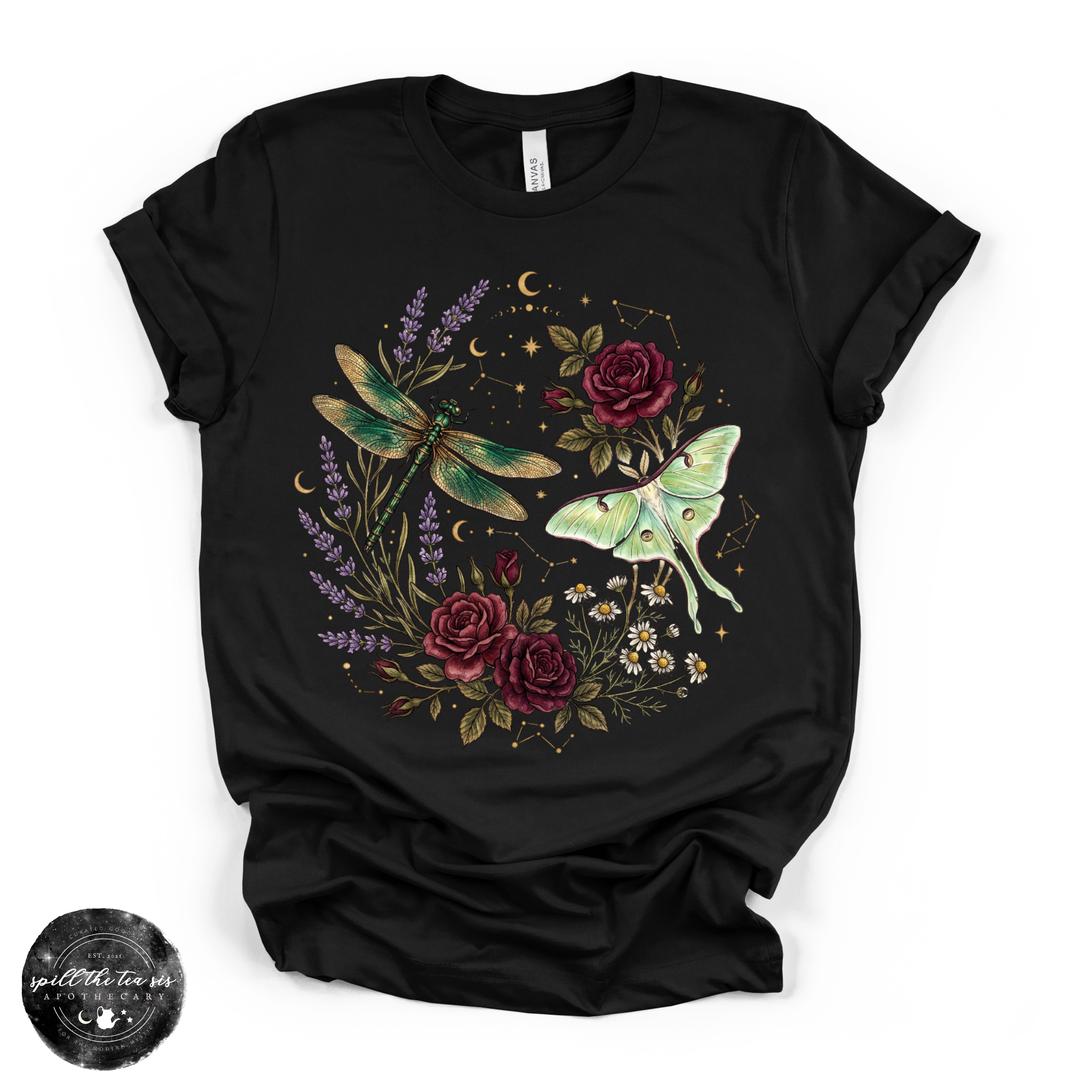 Dragonfly & Moth Rose Tee | Botanical Nature Graphic T-Shirt