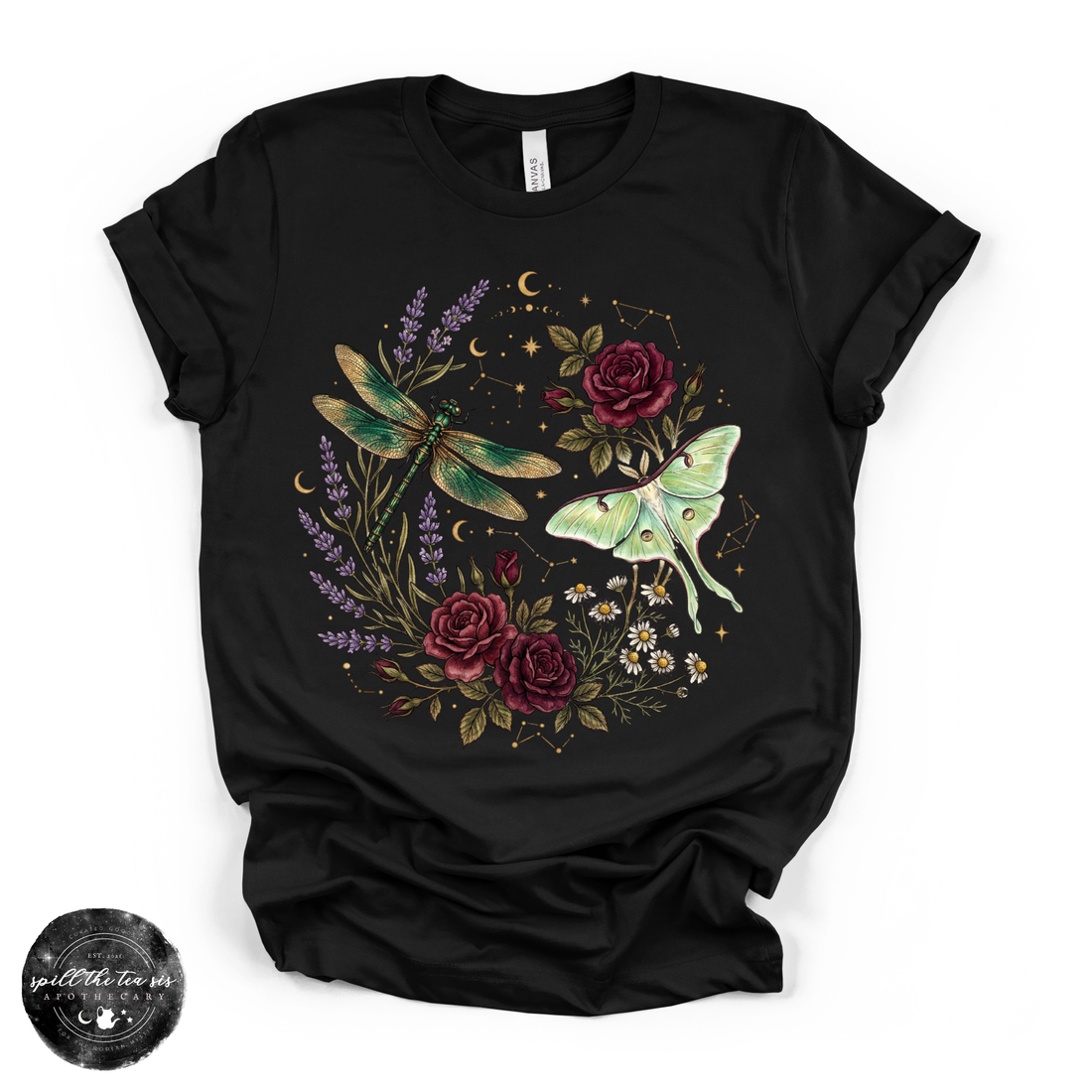 Dragonfly & Moth Rose Tee | Botanical Nature Graphic T-Shirt