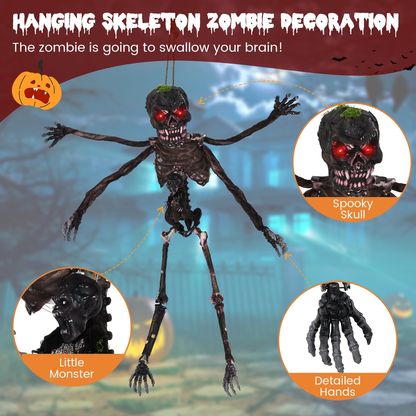 6 Feet Animated Halloween Decoration with 4 Arms Red LED-lit Eyes & Spooky Sounds
