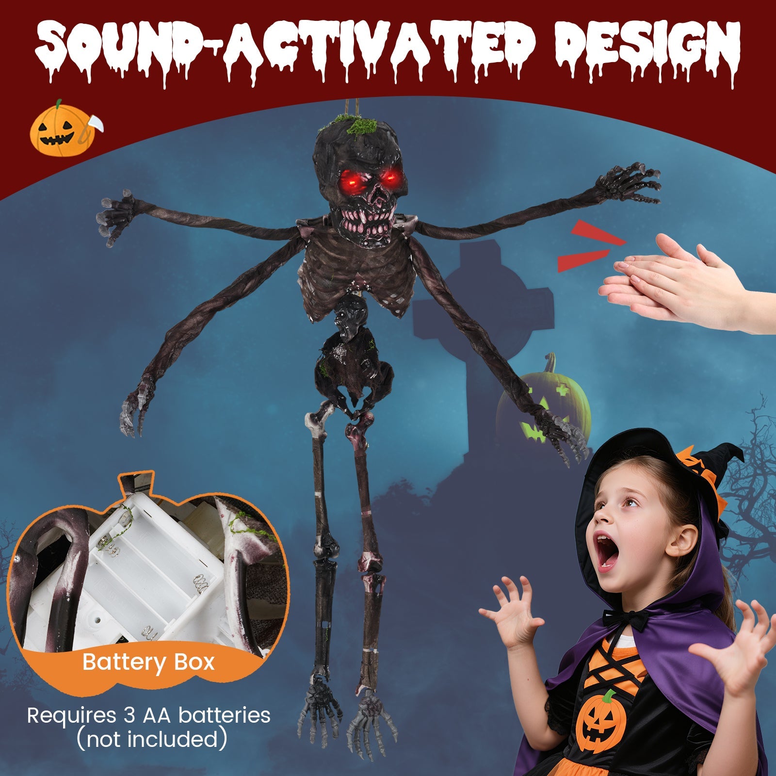 6 Feet Animated Halloween Decoration with 4 Arms Red LED-lit Eyes & Spooky Sounds
