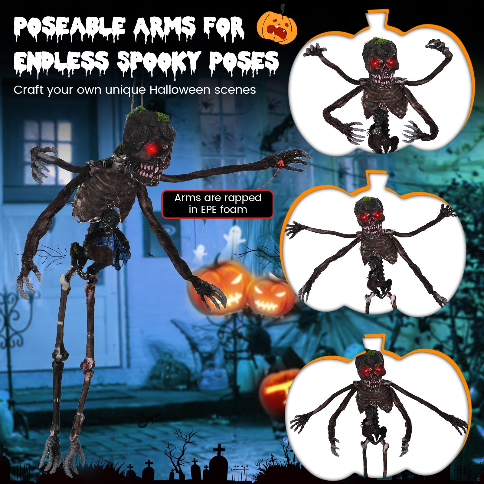 6 Feet Animated Halloween Decoration with 4 Arms Red LED-lit Eyes & Spooky Sounds