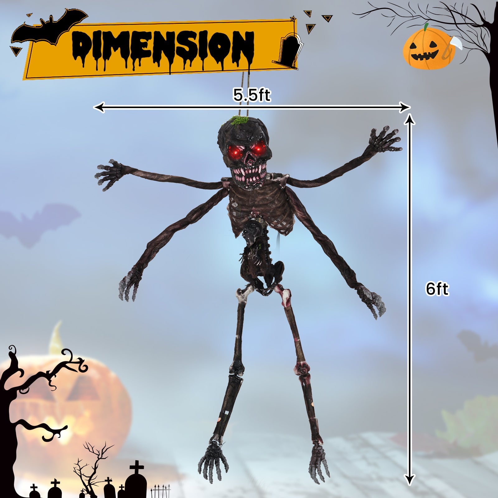 6 Feet Animated Halloween Decoration with 4 Arms Red LED-lit Eyes & Spooky Sounds