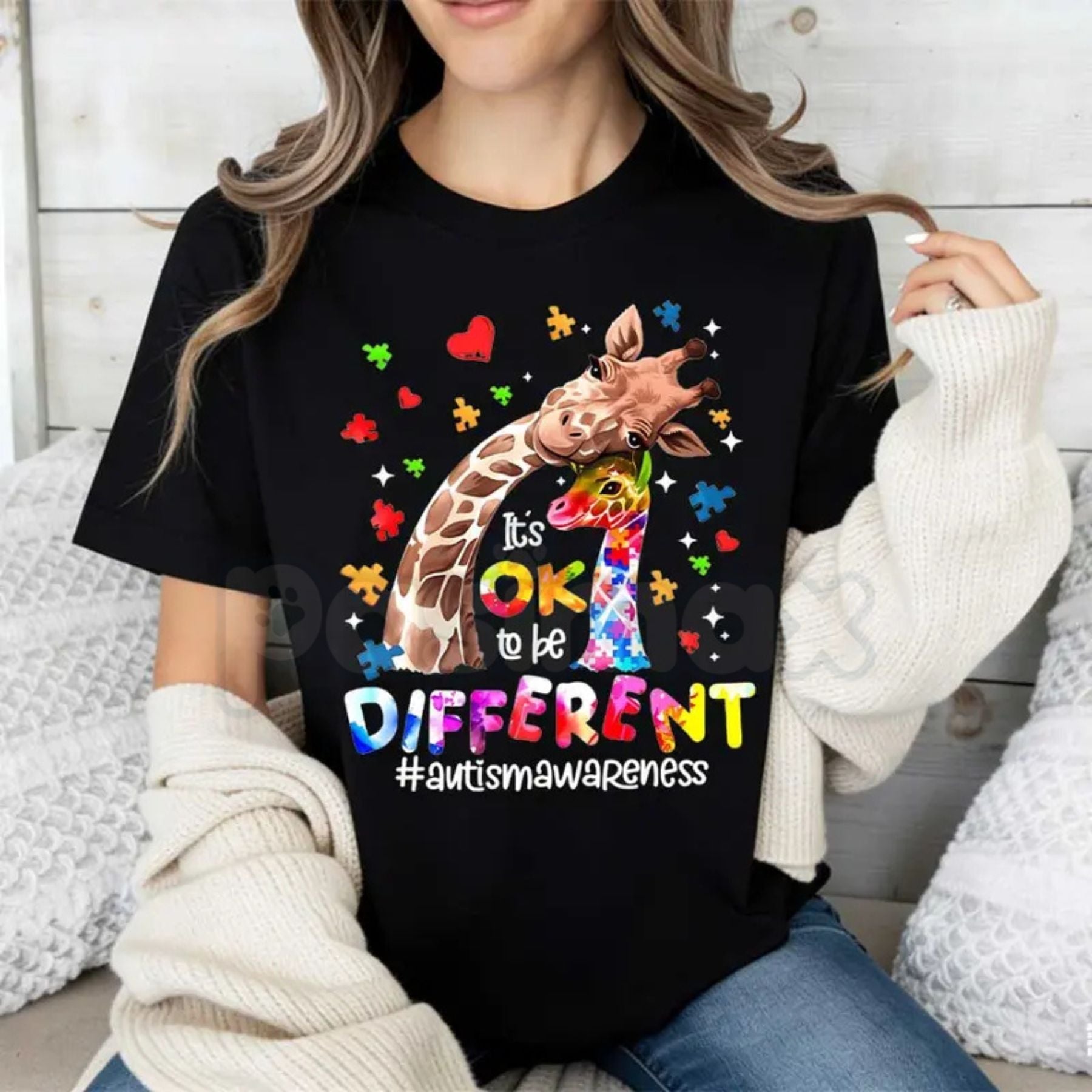 " Hearts & PDifferent is Beautiful" Artistic Giraffe T-Shirt – Autism Awarenessuzzle Print, Premium 100% Cotton Neurodiversity Top, Soft Lived-In Heavyweight Women's Advocacy Wear, Made in USA
