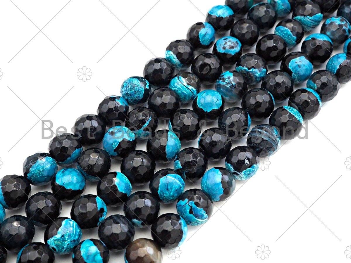 Natural Blue Fire Agate Round Faceted Beads, 8mm/10mm/12mm Blue Black Fire Agate, Natural Agate, 15.5" Full Strand, Sku#U1061