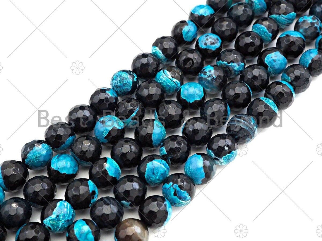 Natural Blue Fire Agate Round Faceted Beads, 8mm/10mm/12mm Blue Black Fire Agate, Natural Agate, 15.5" Full Strand, Sku#U1061