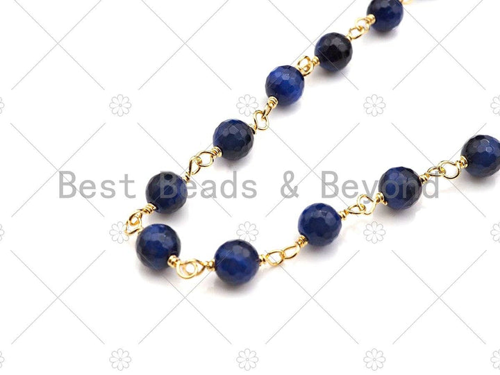 Mystic Blue Agate Faceted Navy Blue Tiger Eye Rosary Chain, 6mm Beaded Chain, Wire Wrapped Gold Chain,Sku#V91