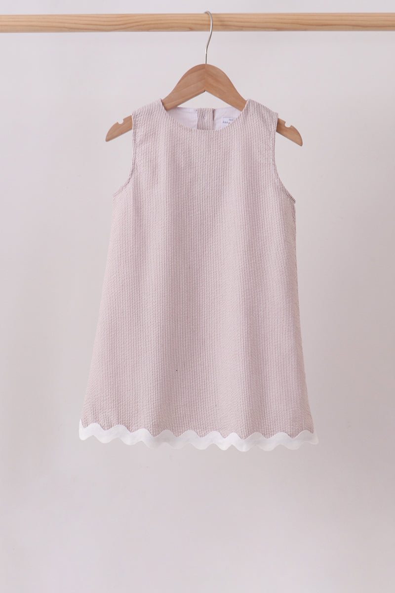 Khaki Seersucker Stsripe Scalloped Dres