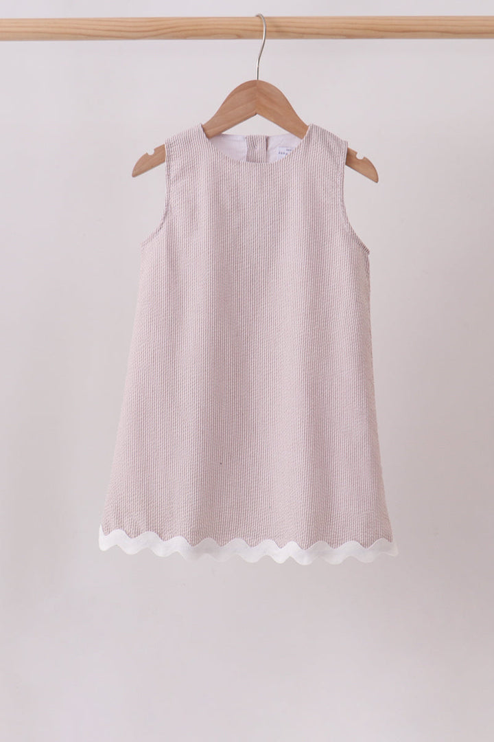 Khaki Seersucker Stsripe Scalloped Dres