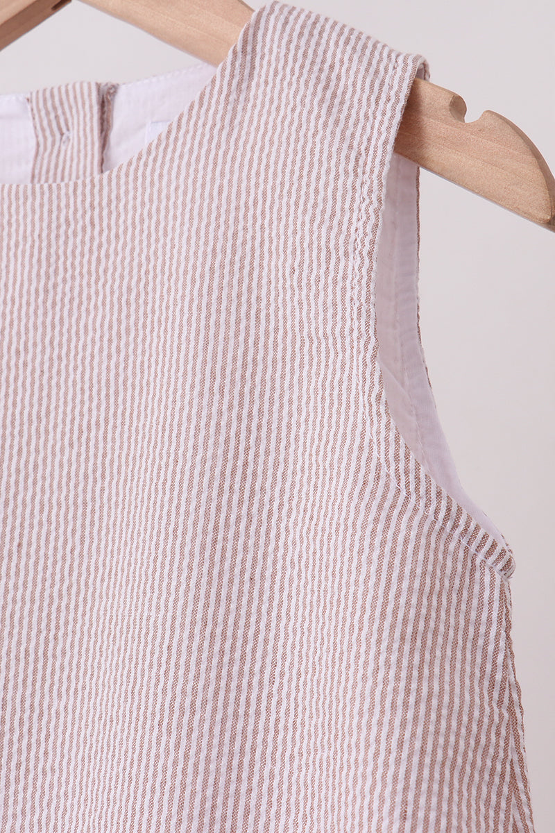 Khaki Seersucker Stsripe Scalloped Dres