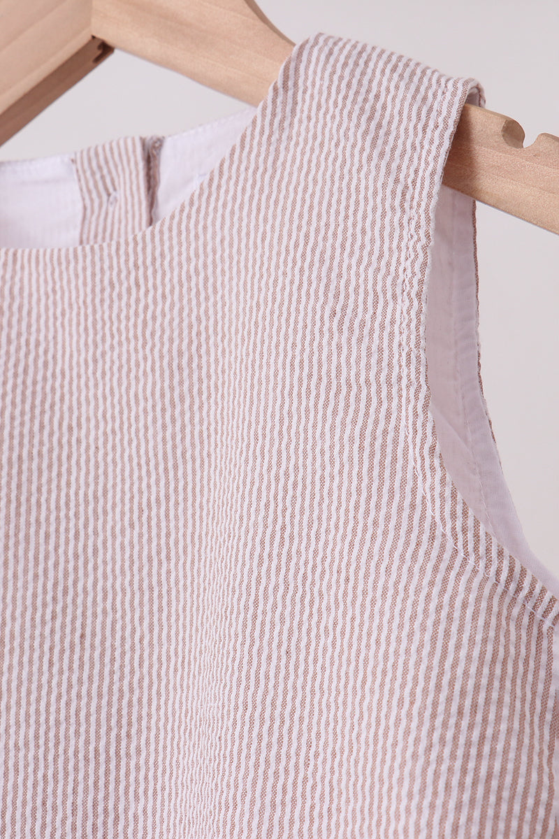 Khaki Seersucker Stsripe Scalloped Dres