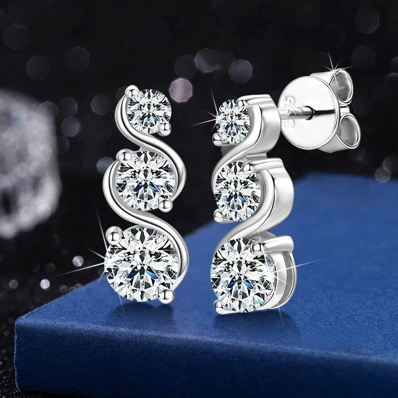 Three-Stone Twist Moissanite Stud Earrings in Sterling Silver