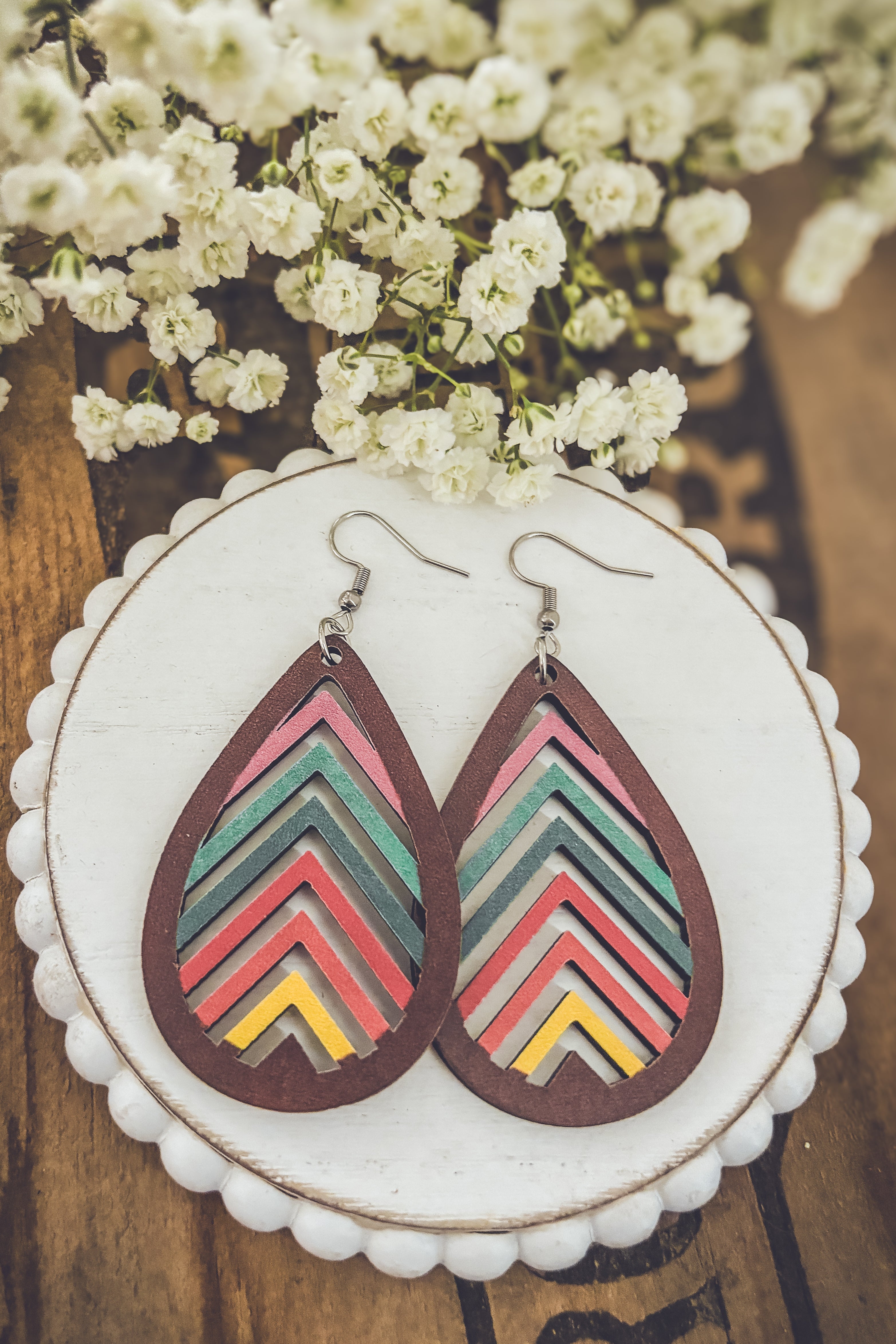 Laser-Cut Rainbow Mountain Silhouette Wood Earrings