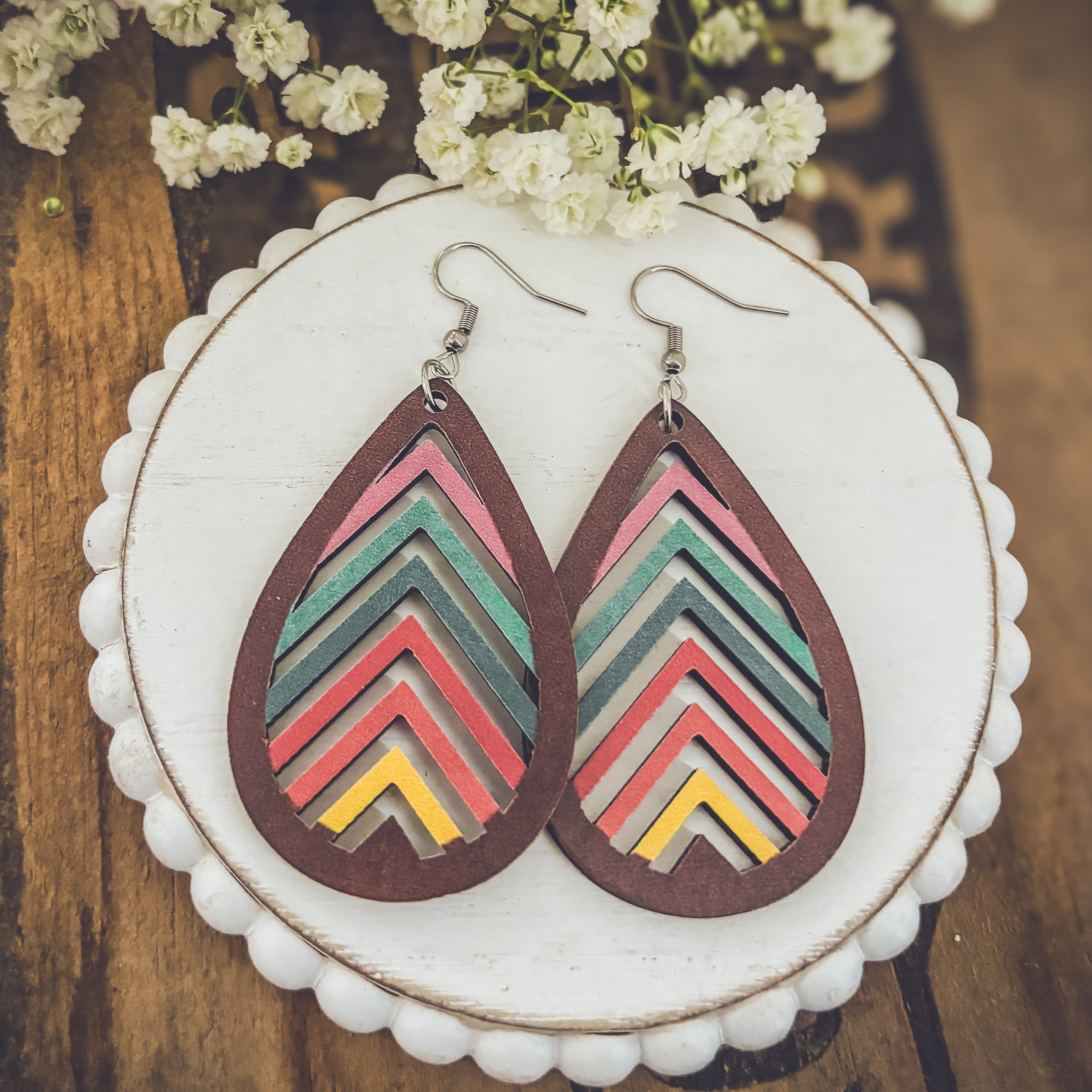 Laser-Cut Rainbow Mountain Silhouette Wood Earrings