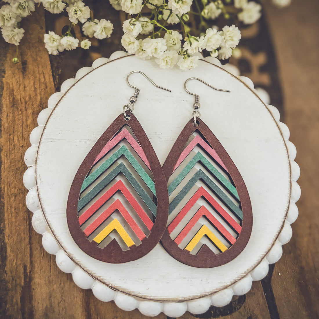 Laser-Cut Rainbow Mountain Silhouette Wood Earrings