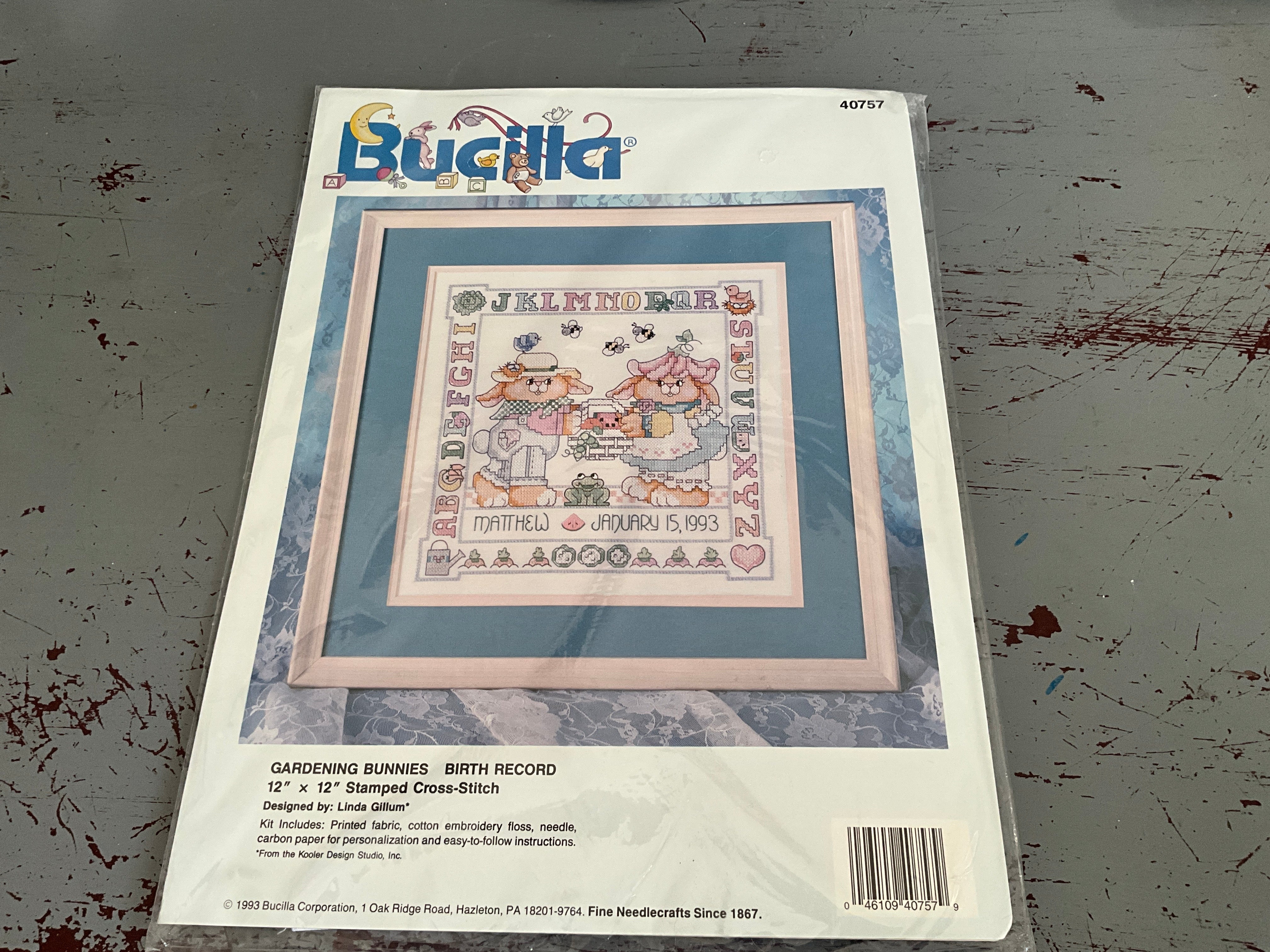 Bucilla Gardening Bunnies Birth Record 40757 12 by 12 inch stamped cross stitch kit