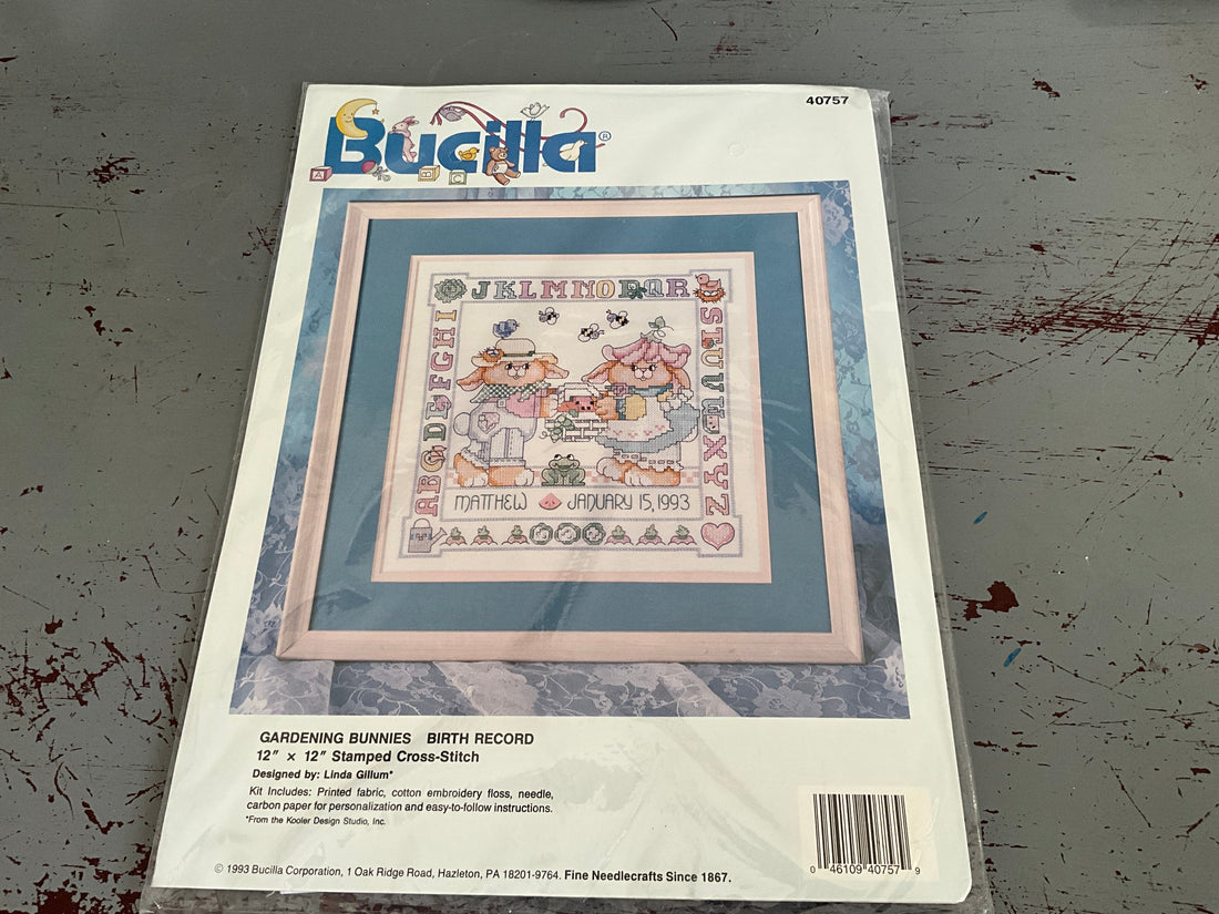 Bucilla Gardening Bunnies Birth Record 40757 12 by 12 inch stamped cross stitch kit