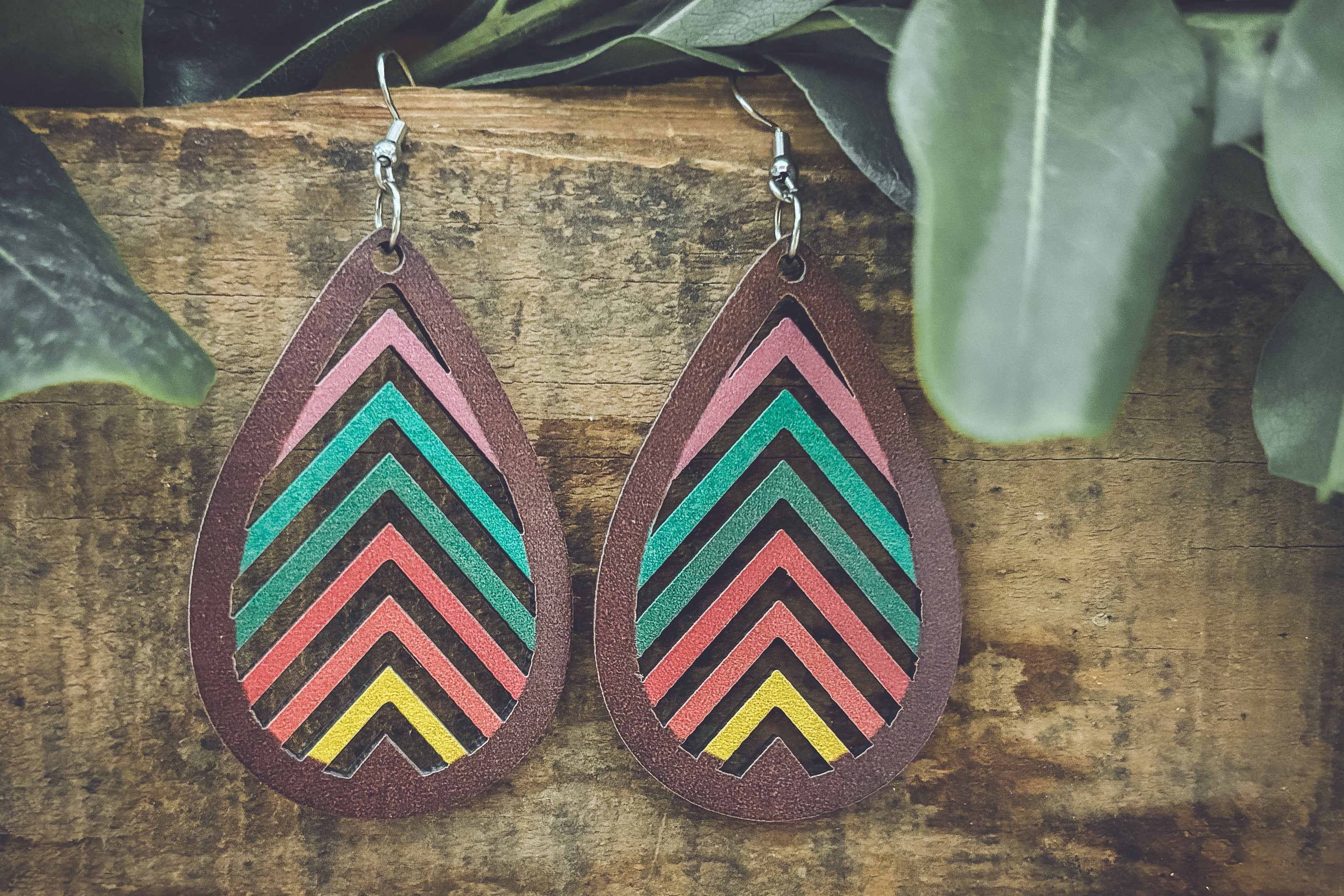 Laser-Cut Rainbow Mountain Silhouette Wood Earrings